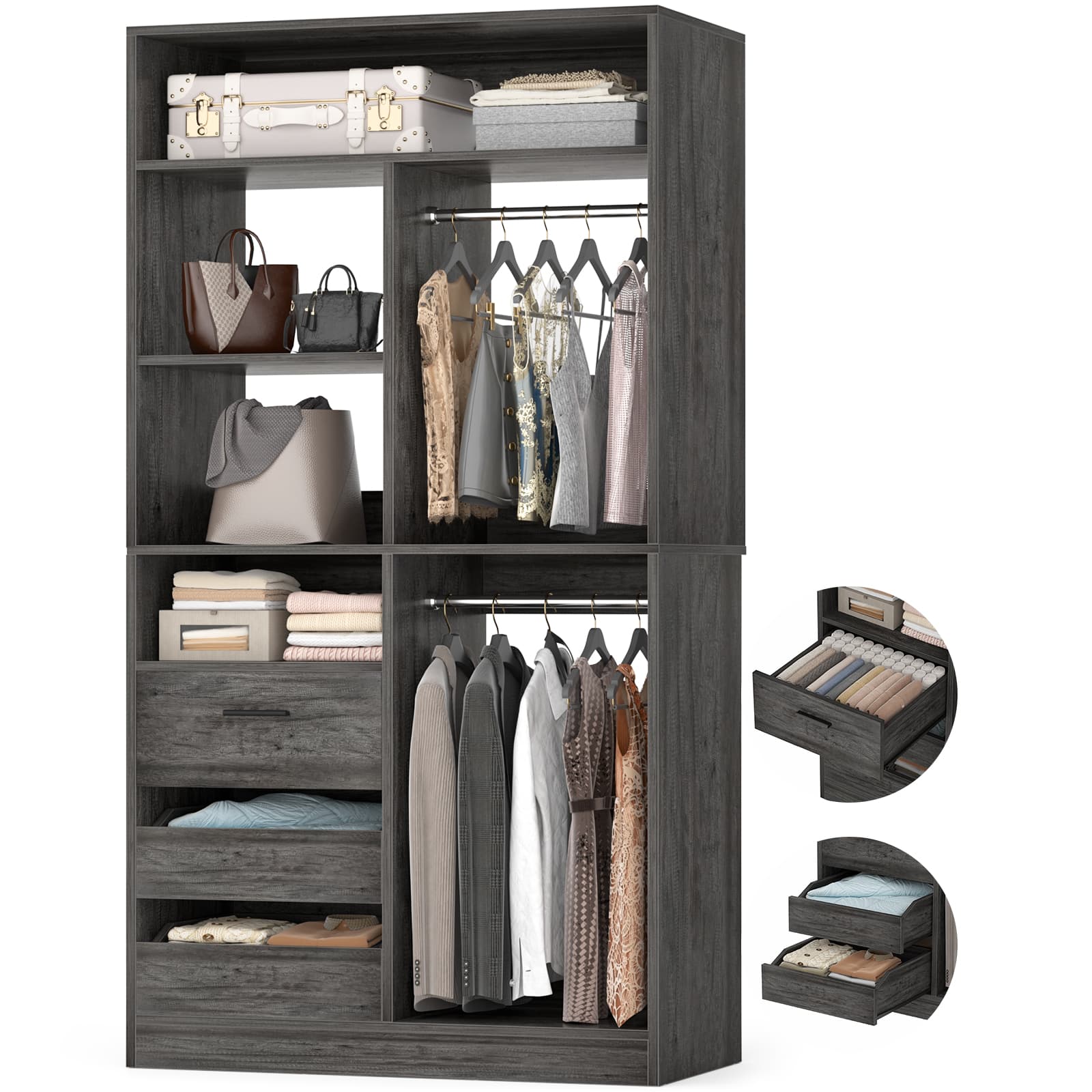 36" Walk-in Closet System with 3 Drawers and 2 Hanging Rods