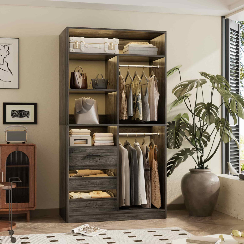 36" Walk-in Closet System with 3 Drawers and 2 Hanging Rods