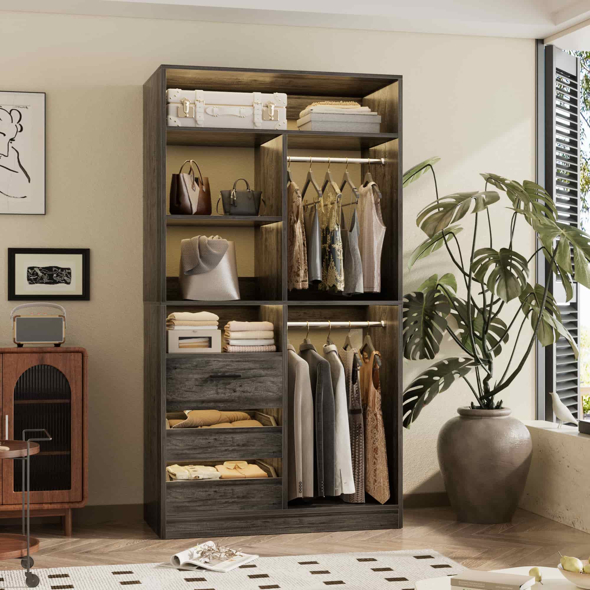 36" Walk-in Closet System with 3 Drawers and 2 Hanging Rods