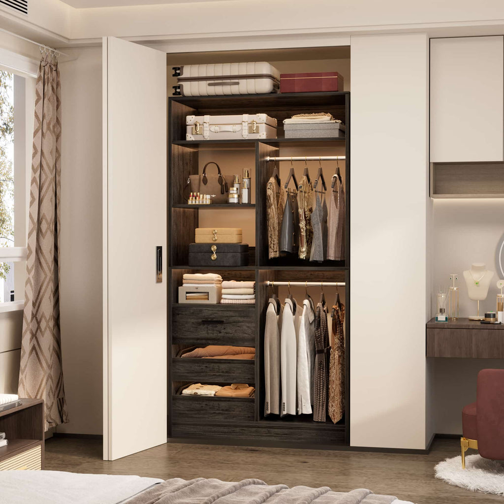 36" Walk-in Closet System with 3 Drawers and 2 Hanging Rods