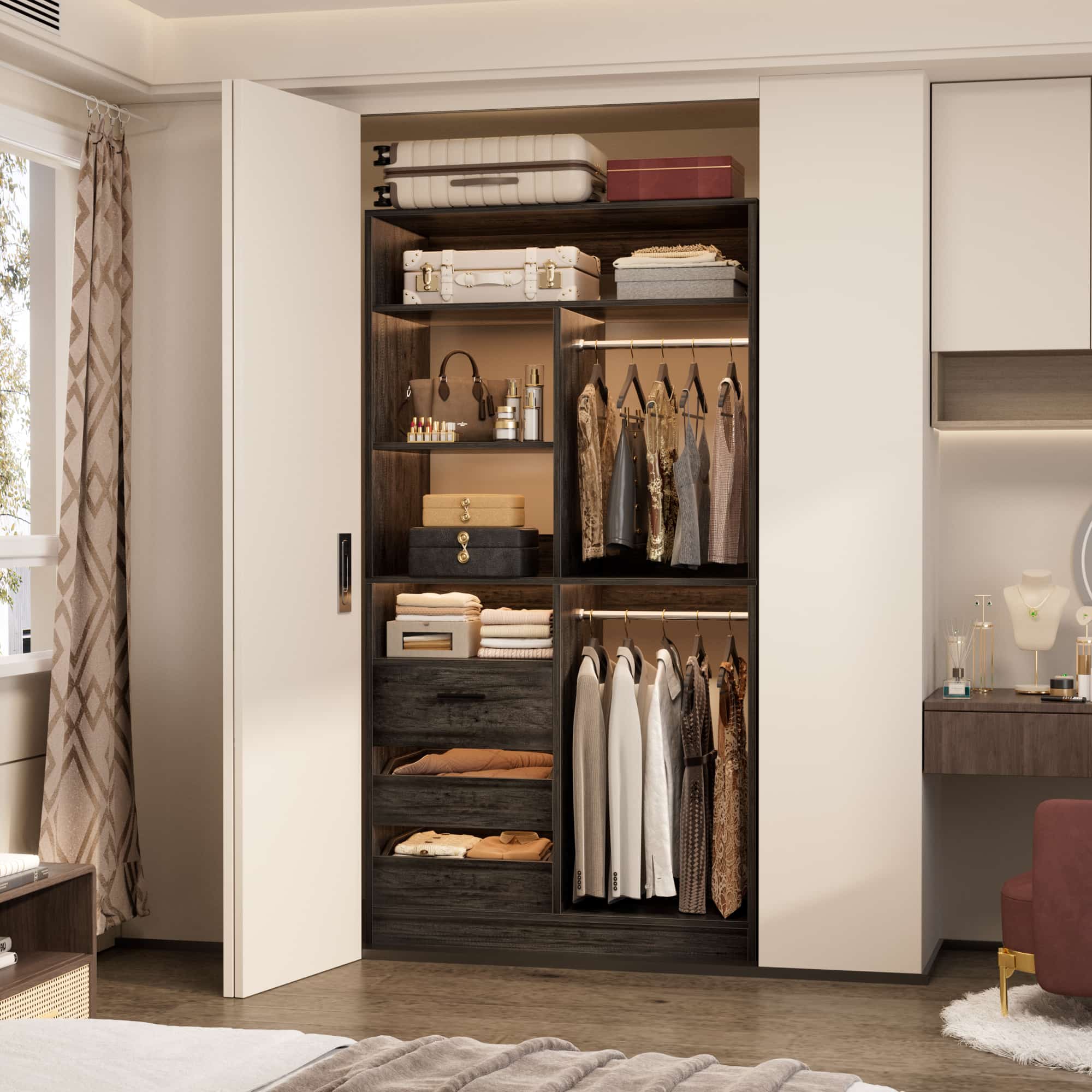 36" Walk-in Closet System with 3 Drawers and 2 Hanging Rods