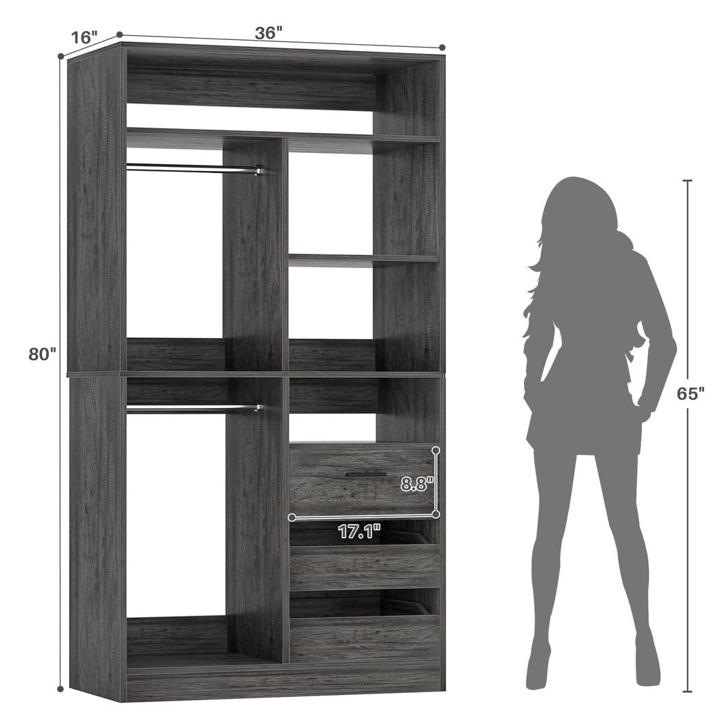 36" Walk-in Closet System with 3 Drawers and 2 Hanging Rods