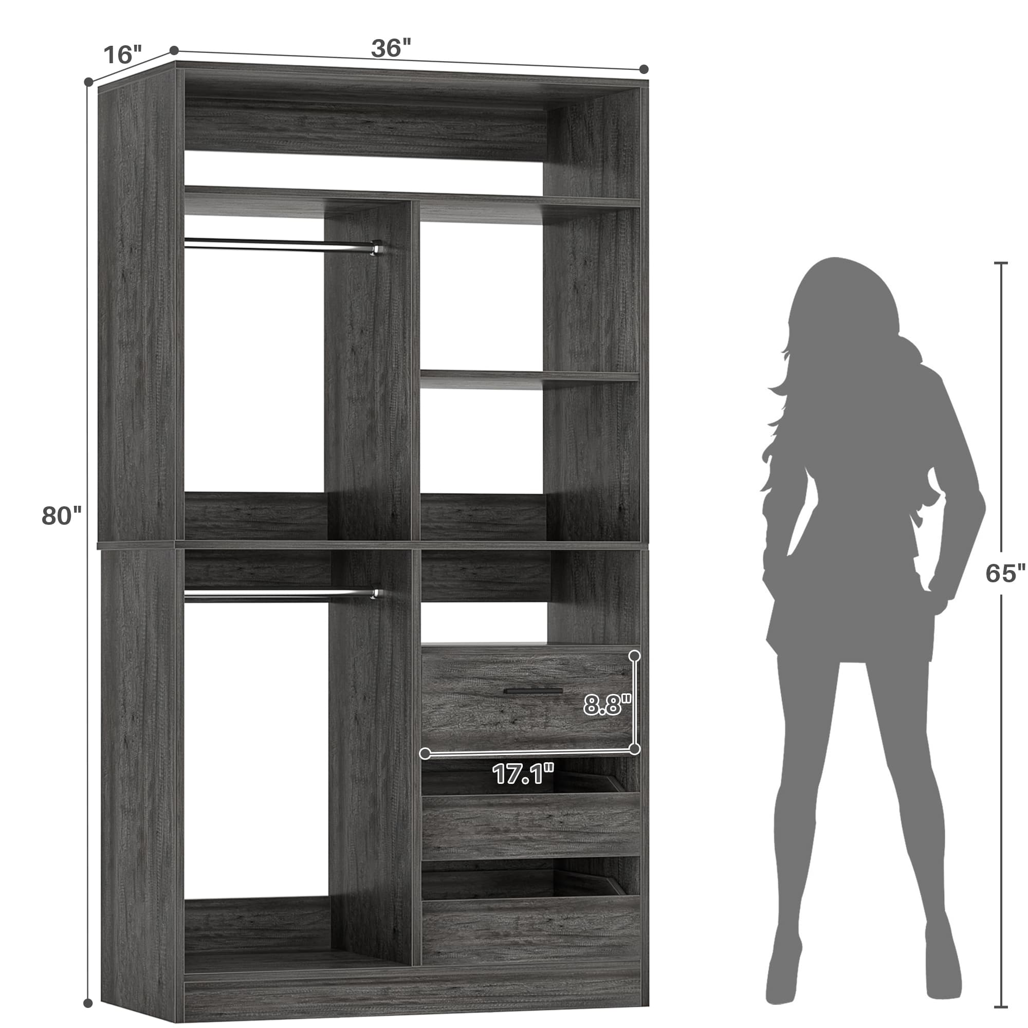 36" Walk-in Closet System with 3 Drawers and 2 Hanging Rods