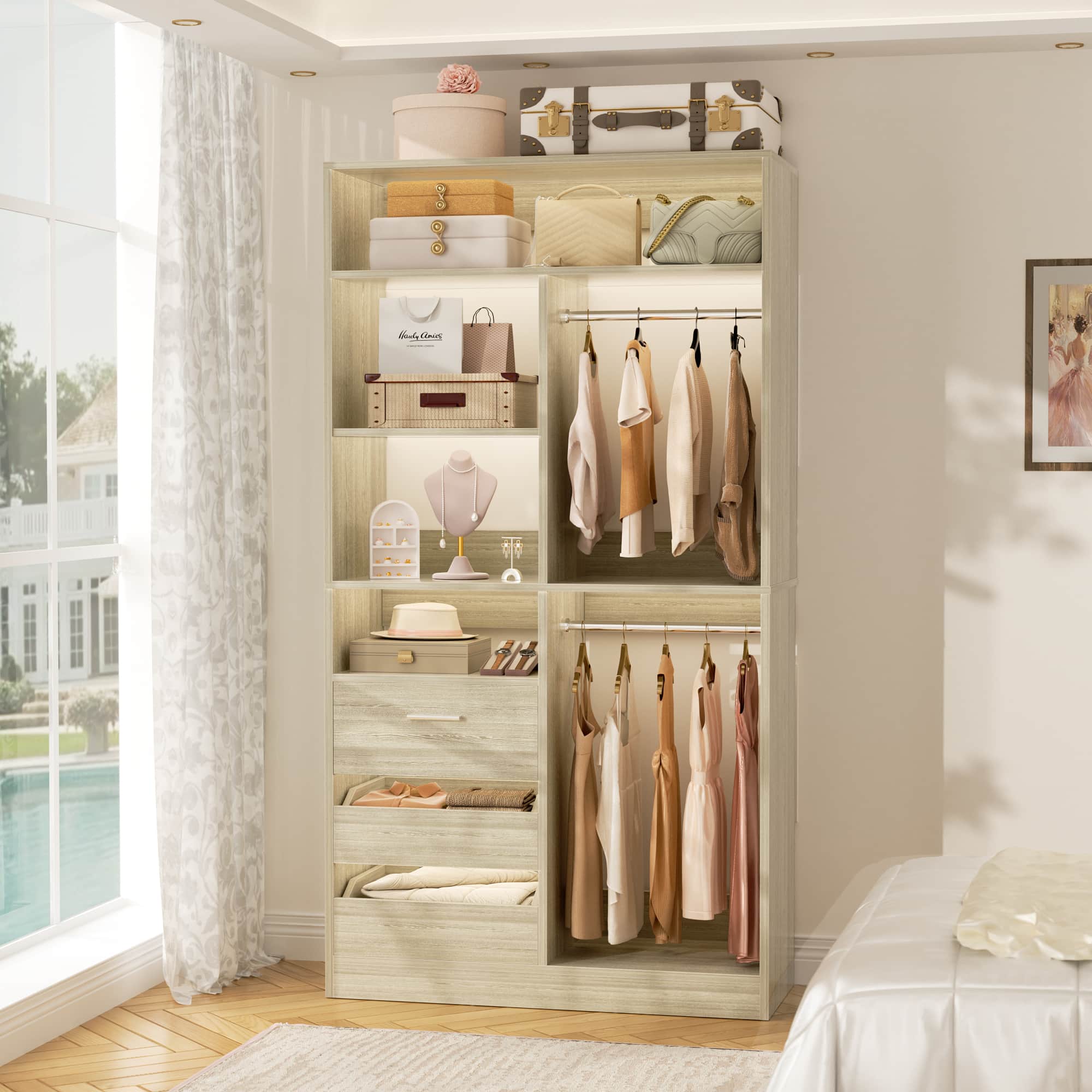 36" Walk-in Closet System with 3 Drawers and 2 Hanging Rods