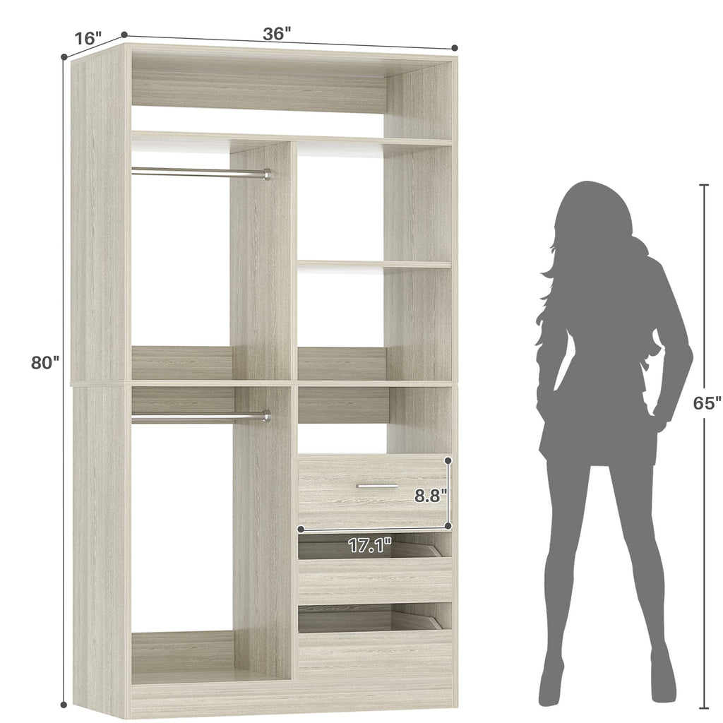 36" Walk-in Closet System with 3 Drawers and 2 Hanging Rods