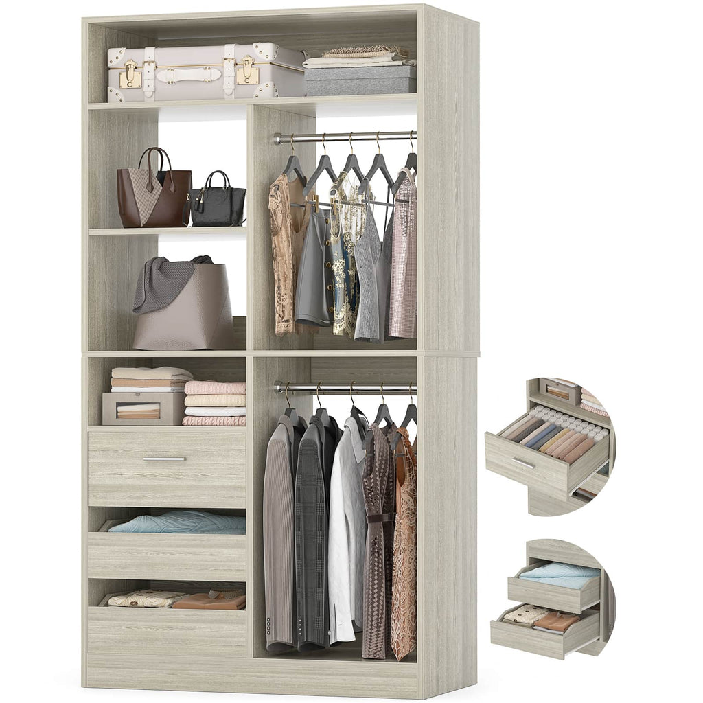 36" Walk-in Closet System with 3 Drawers and 2 Hanging Rods