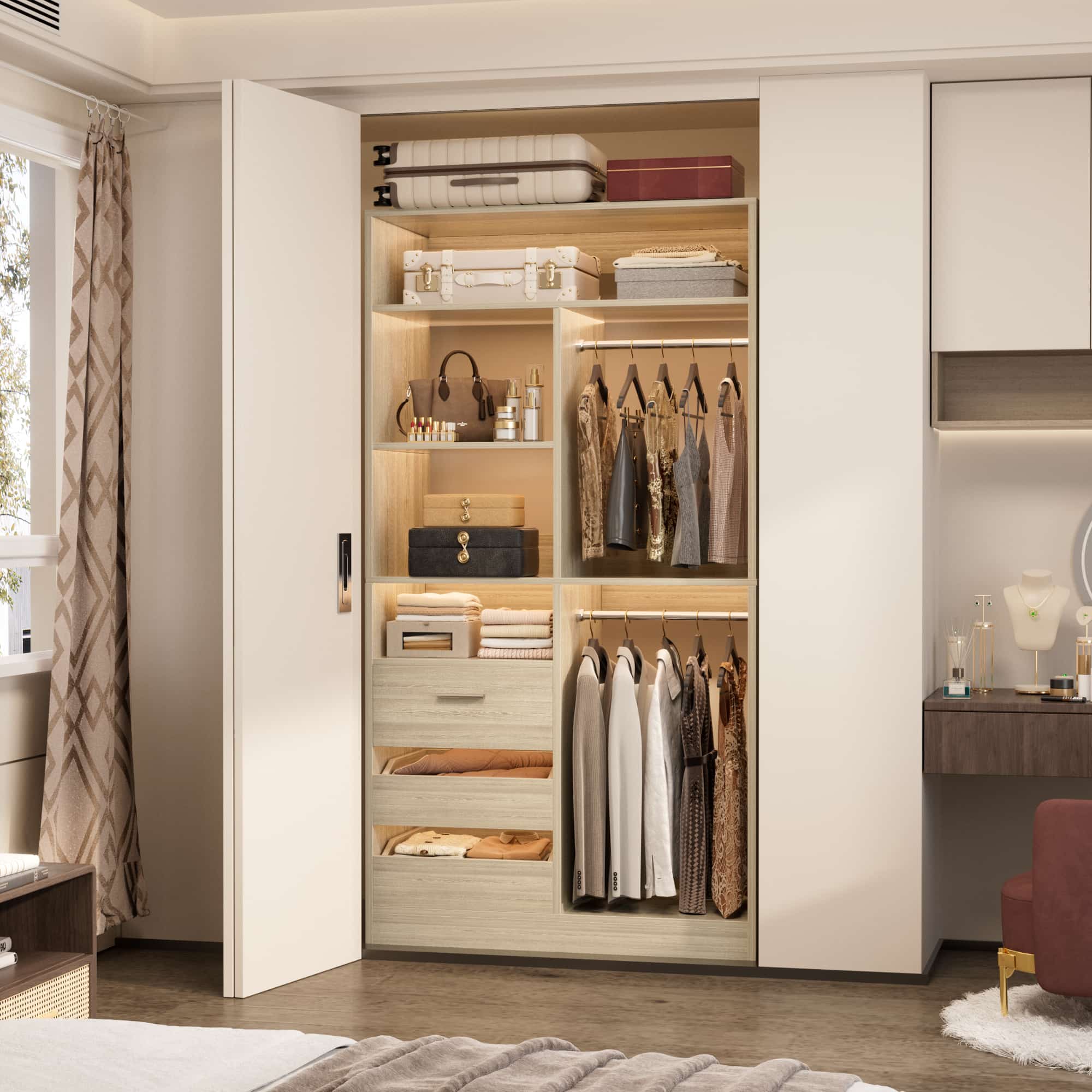 36" Walk-in Closet System with 3 Drawers and 2 Hanging Rods