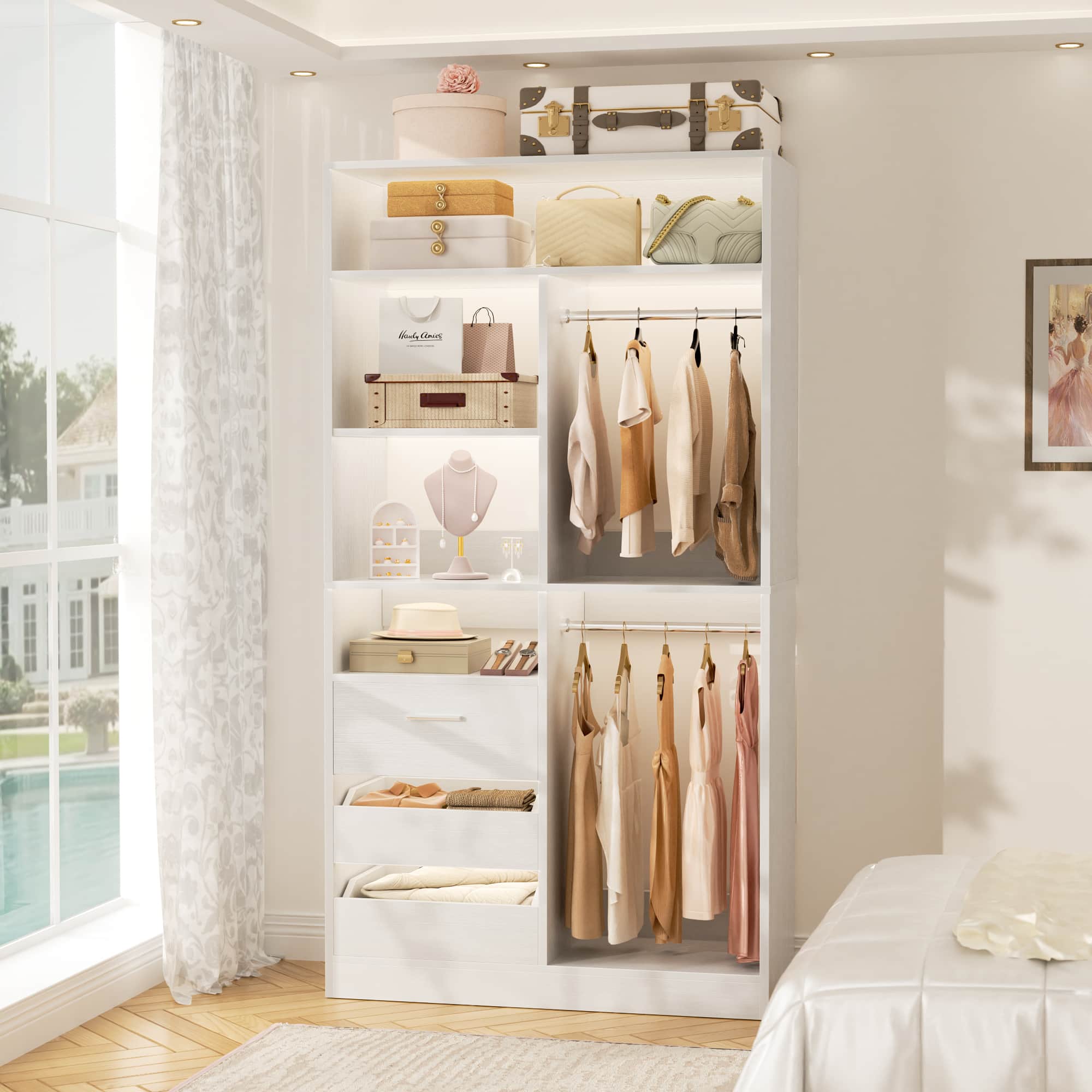 36" Walk-in Closet System with 3 Drawers and 2 Hanging Rods