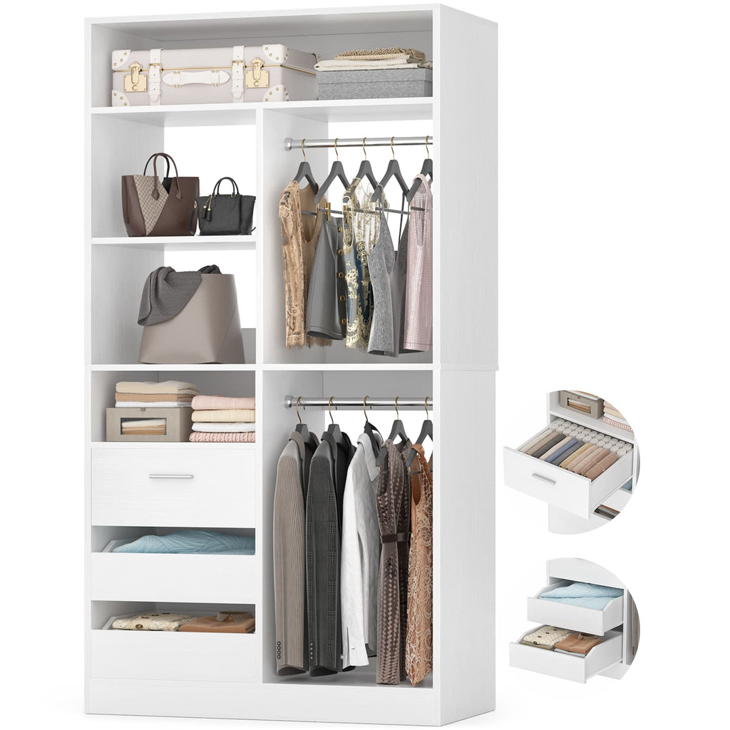 36" Walk-in Closet System with 3 Drawers and 2 Hanging Rods