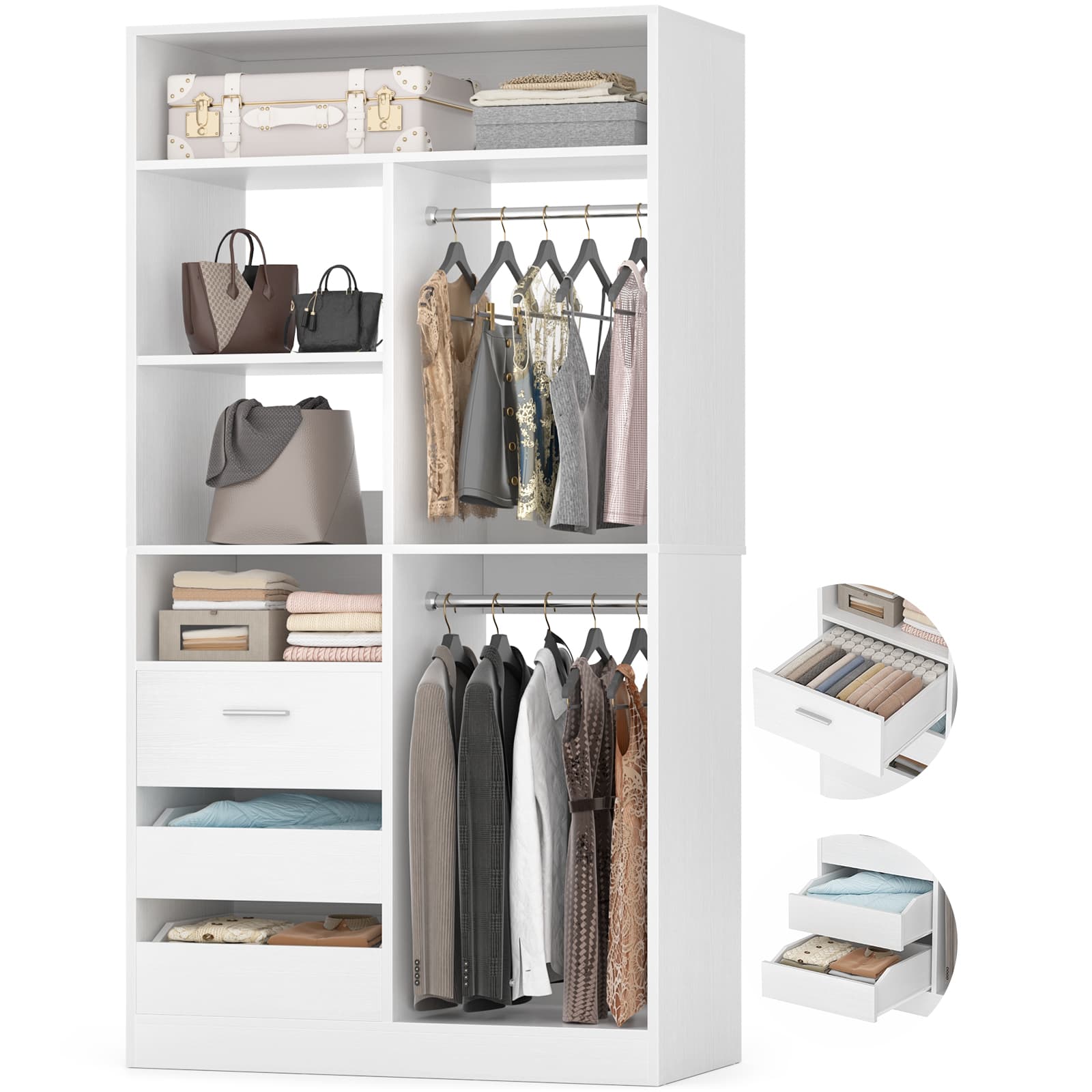 36" Walk-in Closet System with 3 Drawers and 2 Hanging Rods