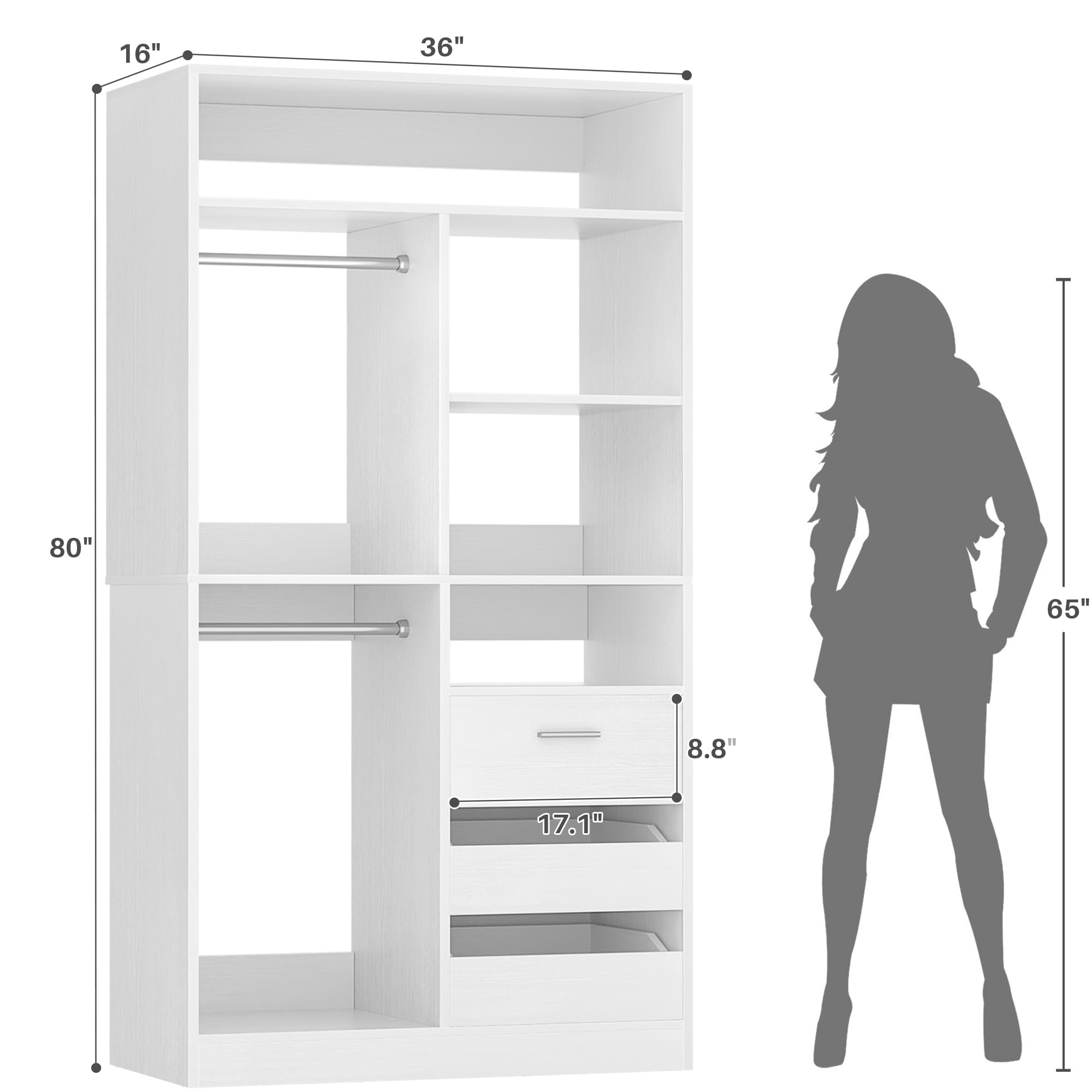 36" Walk-in Closet System with 3 Drawers and 2 Hanging Rods