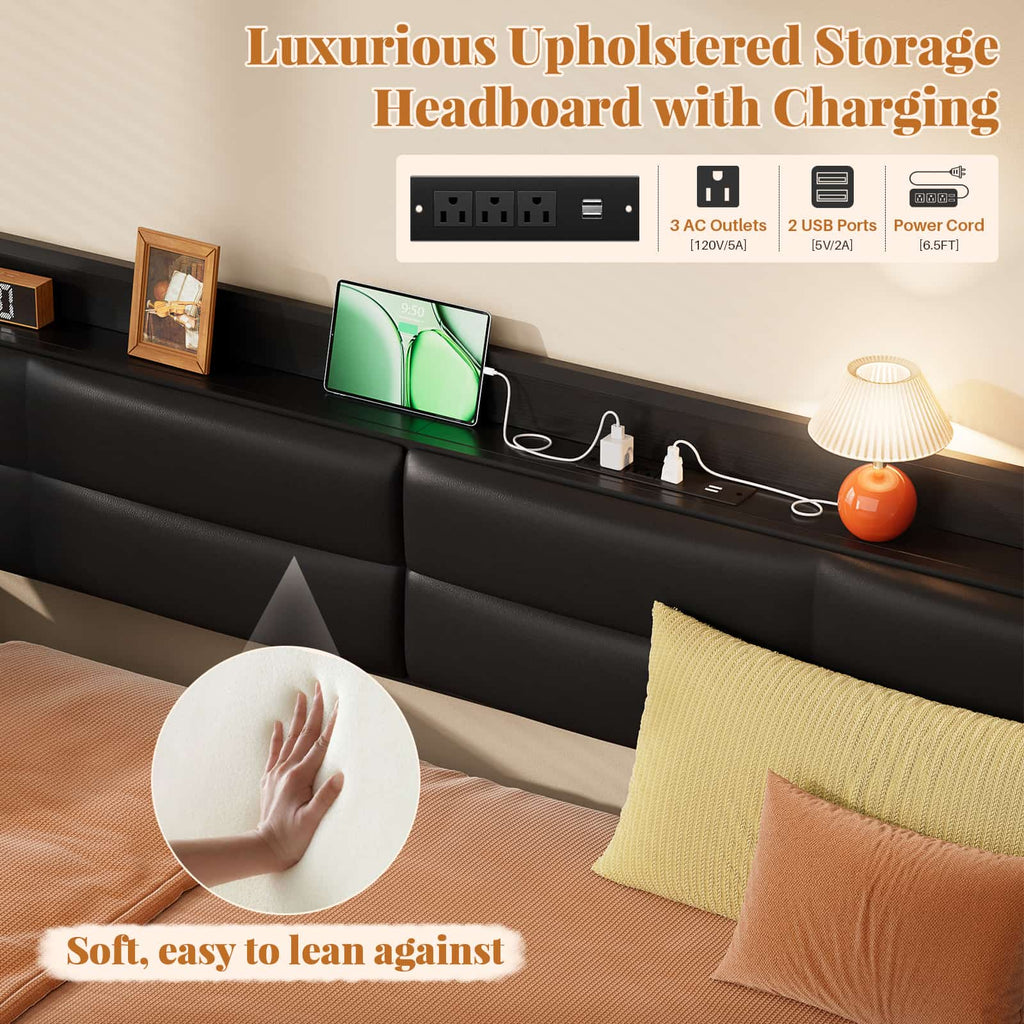 Twin Daybed with Trundle, Upholstered Headboard and Power Outlets