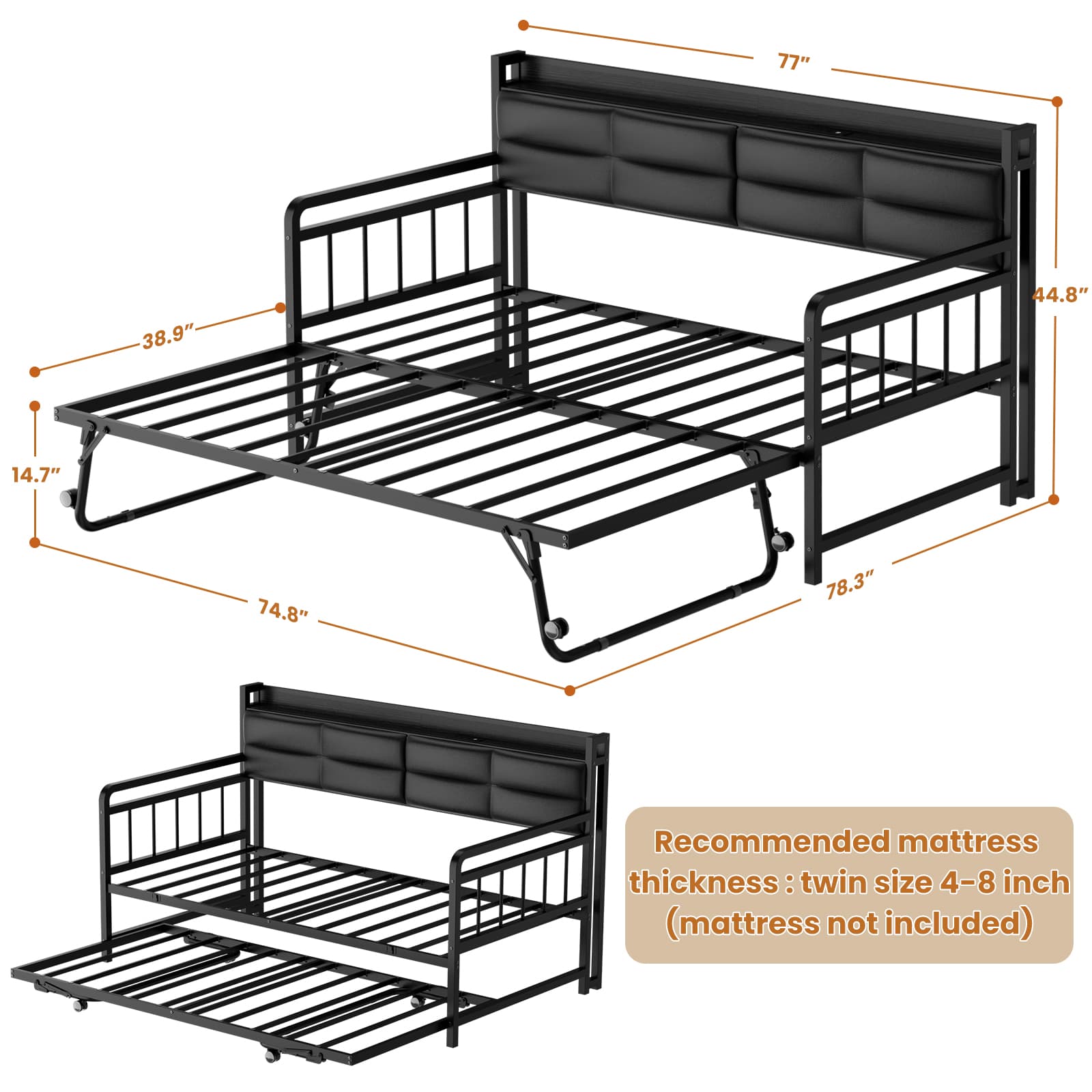 Twin Daybed with Trundle, Upholstered Headboard and Power Outlets
