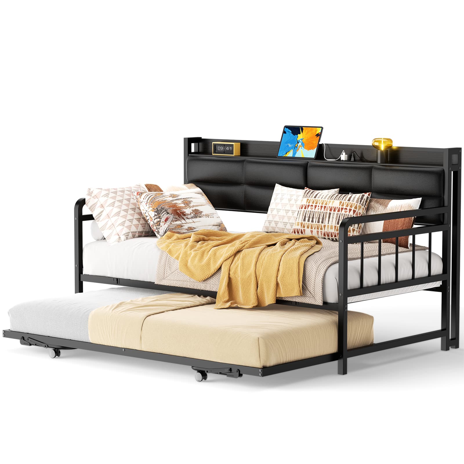 Twin Daybed with Trundle, Upholstered Headboard and Power Outlets