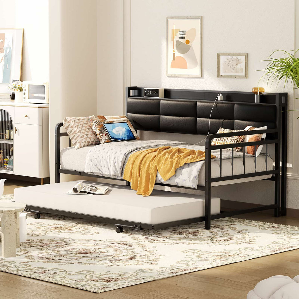 Twin Daybed with Trundle, Upholstered Headboard and Power Outlets
