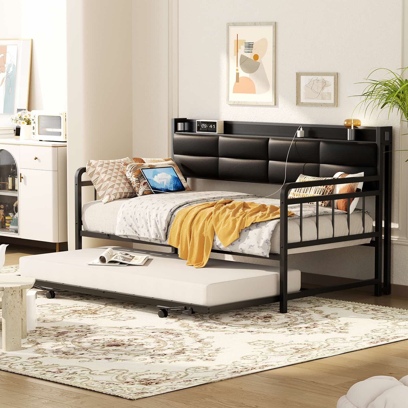 Twin Daybed with Trundle, Upholstered Headboard and Power Outlets