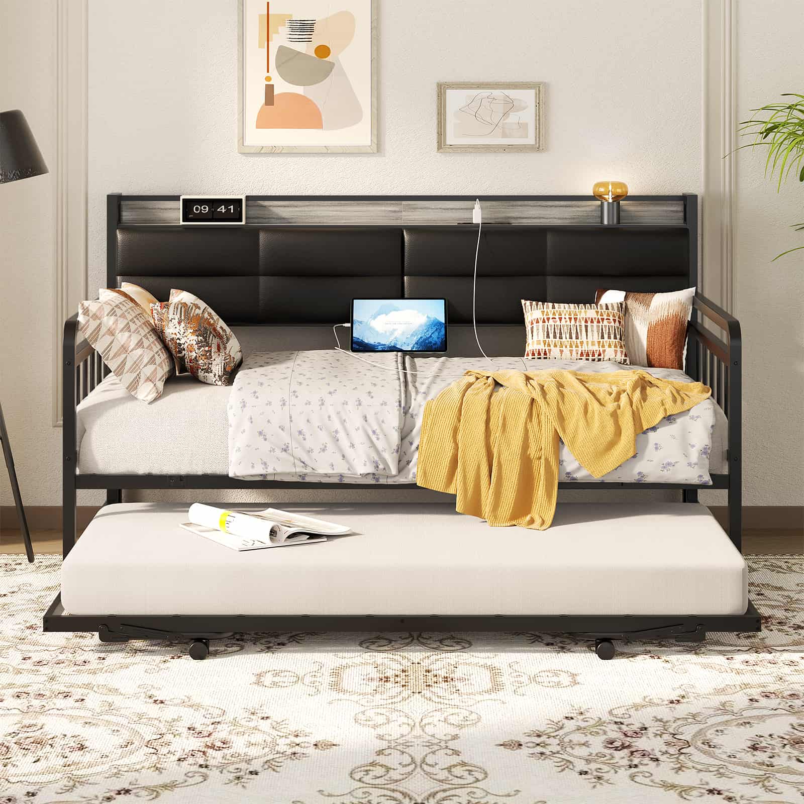 Twin Daybed with Trundle, Upholstered Headboard and Power Outlets