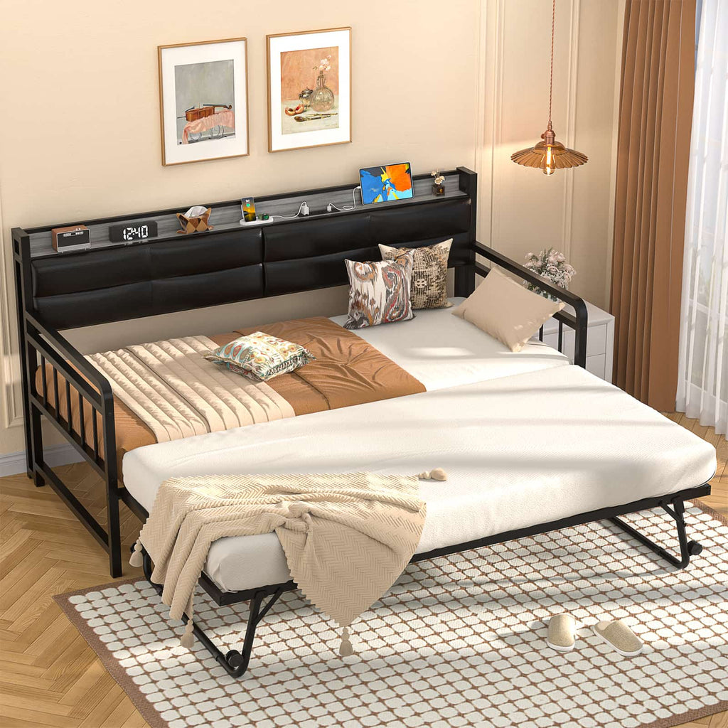 Twin Daybed with Trundle, Upholstered Headboard and Power Outlets