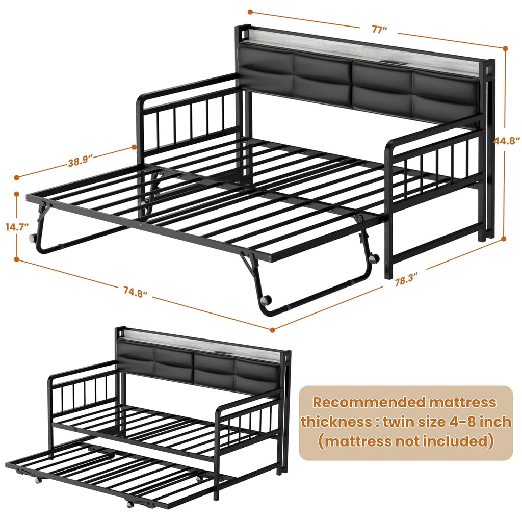 Twin Daybed with Trundle, Upholstered Headboard and Power Outlets