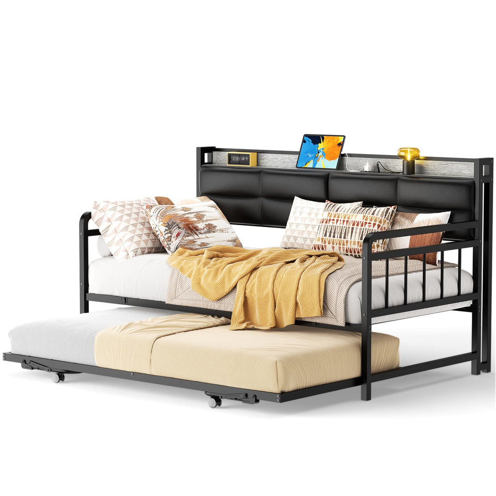 Twin Daybed with Trundle, Upholstered Headboard and Power Outlets