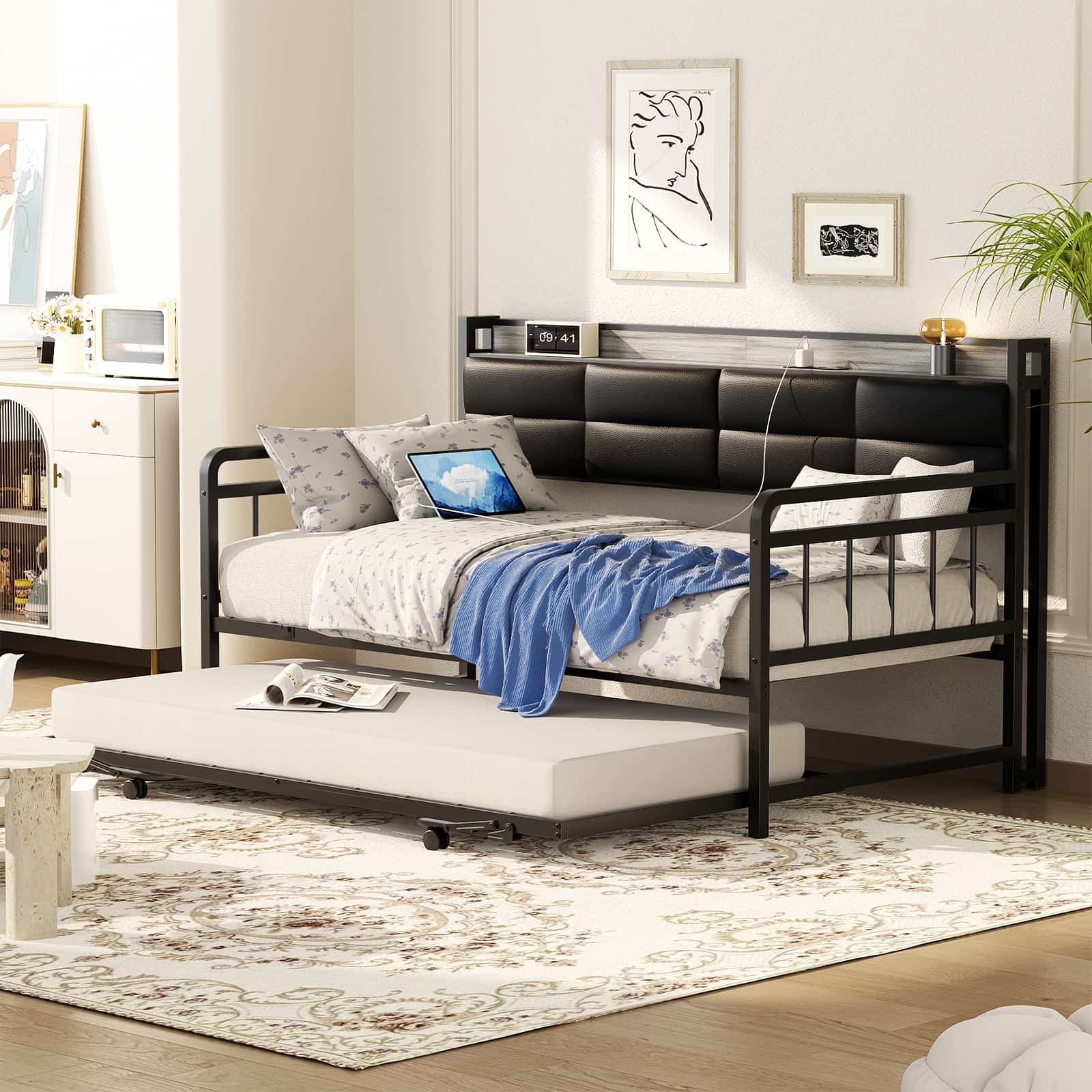 Twin Daybed with Trundle, Upholstered Headboard and Power Outlets