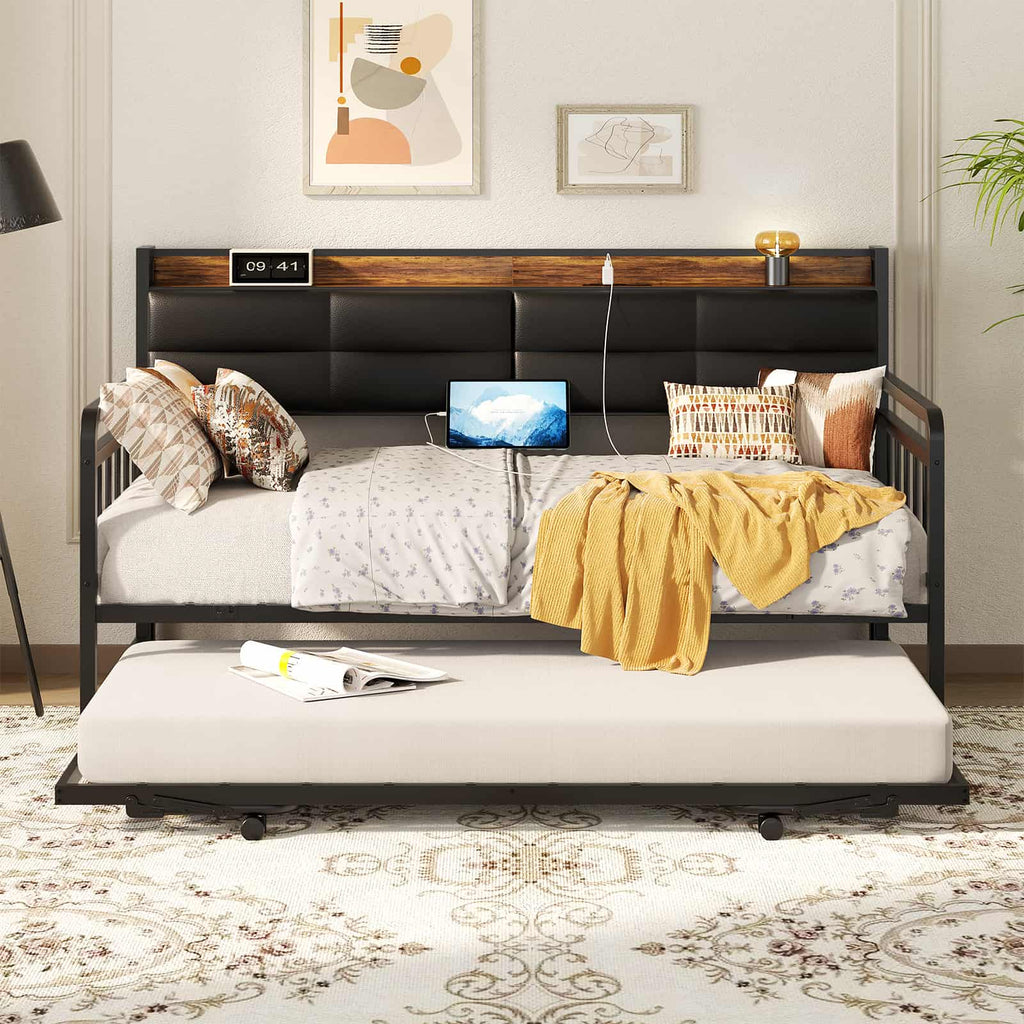 Twin Daybed with Trundle, Upholstered Headboard and Power Outlets
