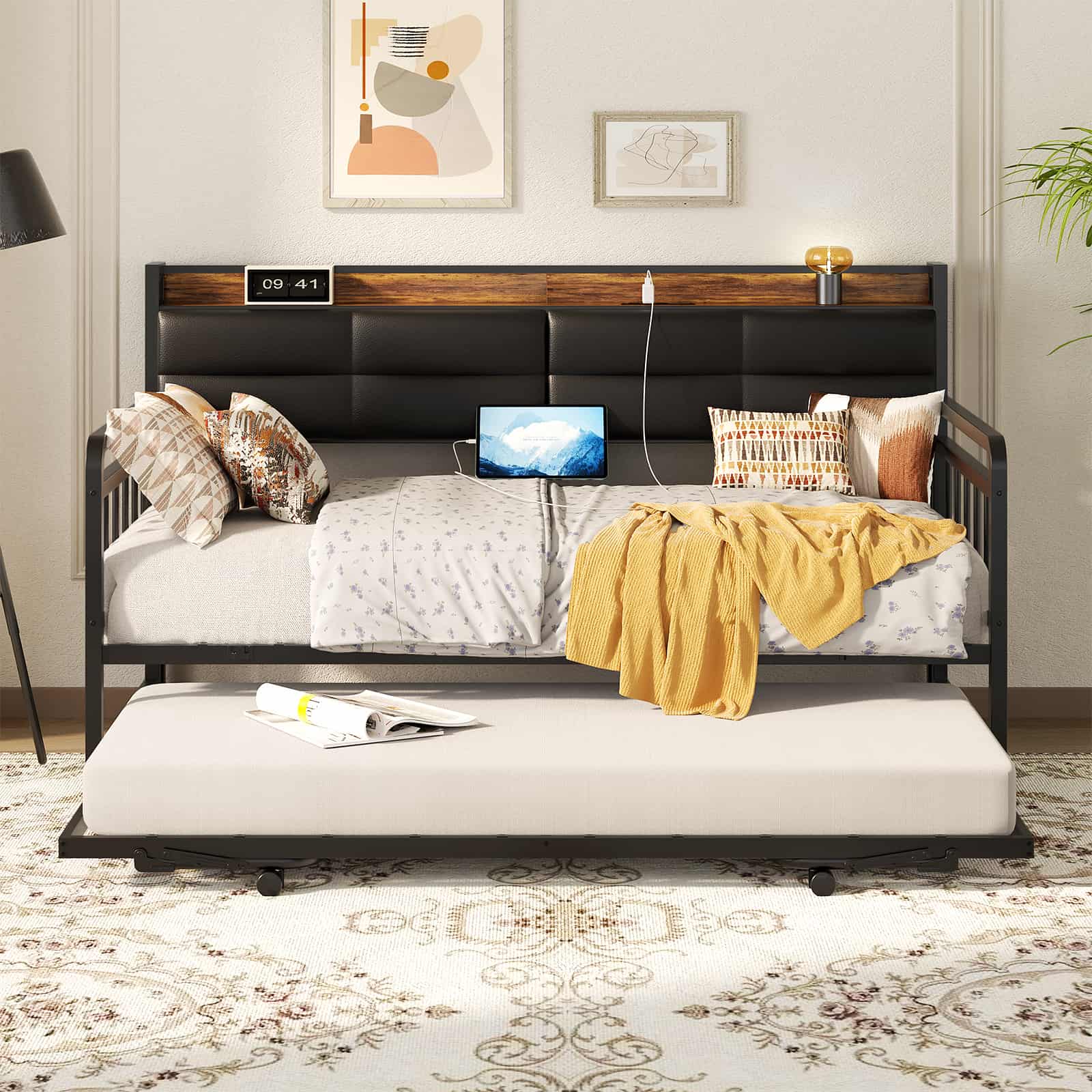 Twin Daybed with Trundle, Upholstered Headboard and Power Outlets