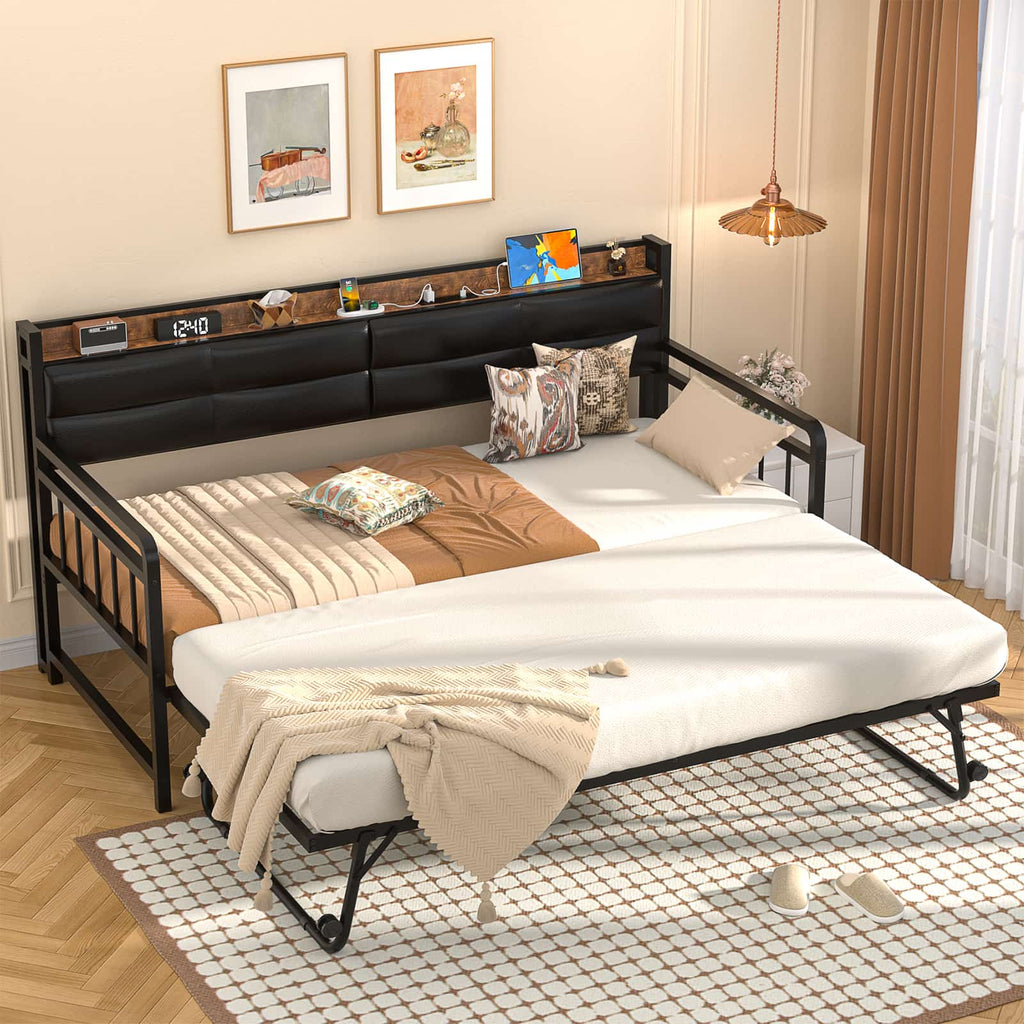Twin Daybed with Trundle, Upholstered Headboard and Power Outlets