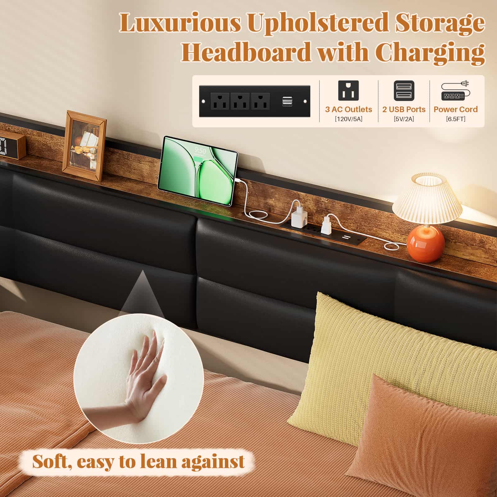 Twin Daybed with Trundle, Upholstered Headboard and Power Outlets