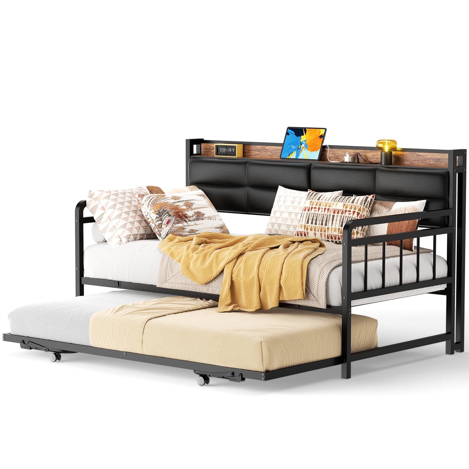 Twin Daybed with Trundle, Upholstered Headboard and Power Outlets