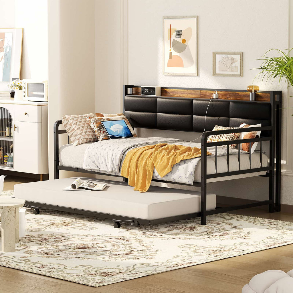 Twin Daybed with Trundle, Upholstered Headboard and Power Outlets