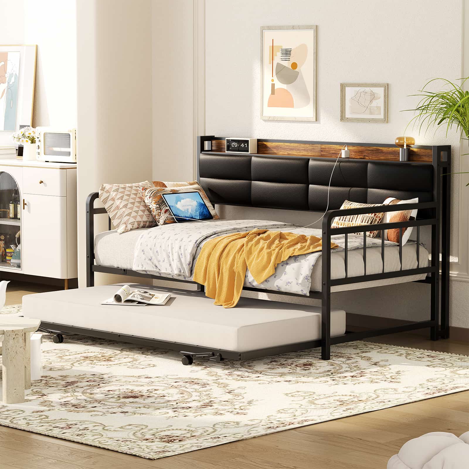 Twin Daybed with Trundle, Upholstered Headboard and Power Outlets