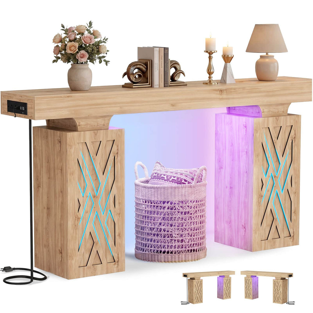 63'' Farmhouse Console Table with Charging Station and LED Lights