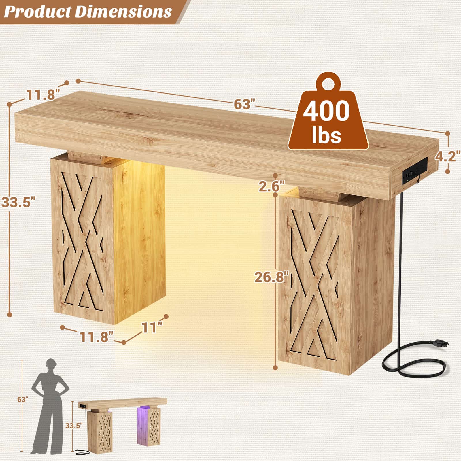63'' Farmhouse Console Table with Charging Station and LED Lights