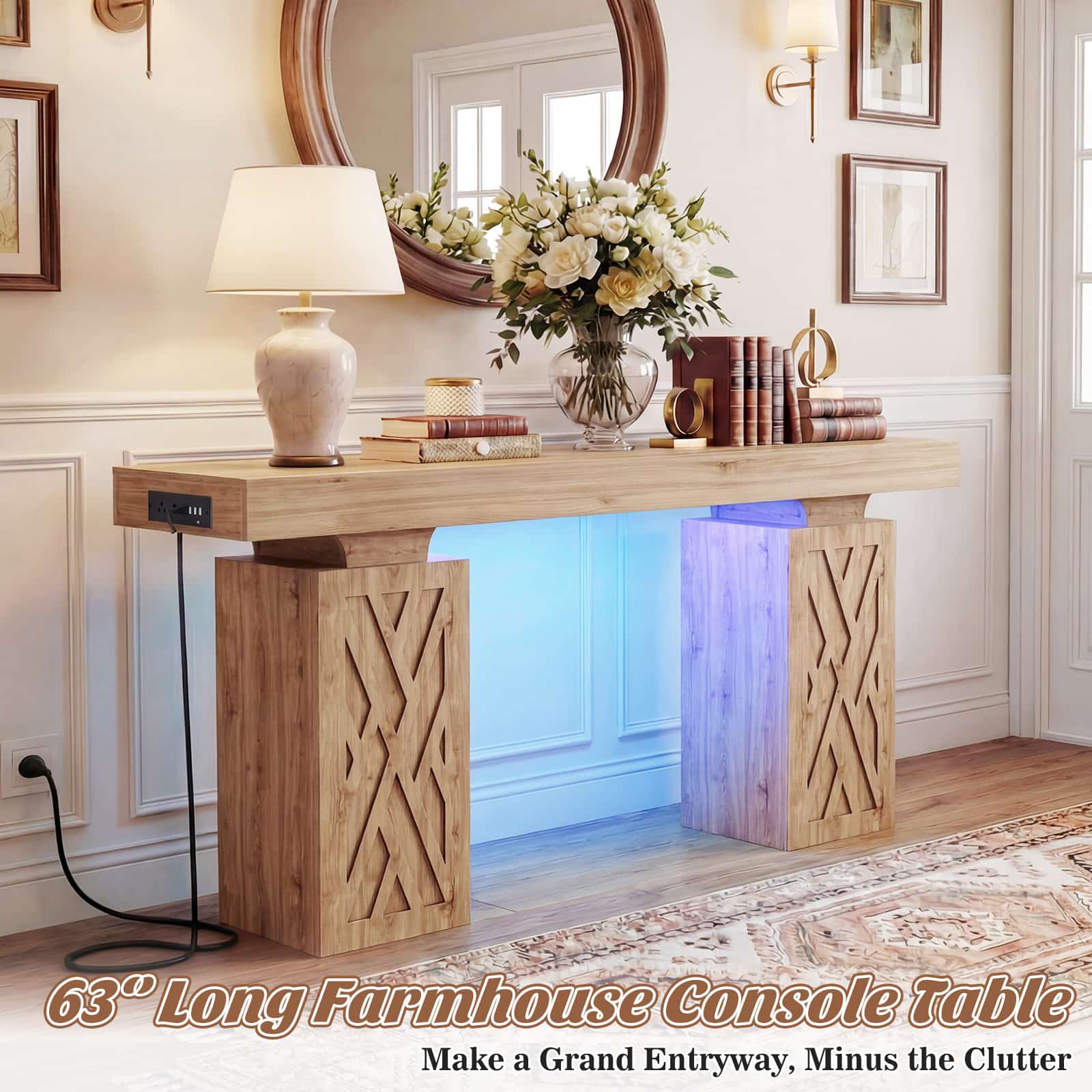63'' Farmhouse Console Table with Charging Station and LED Lights