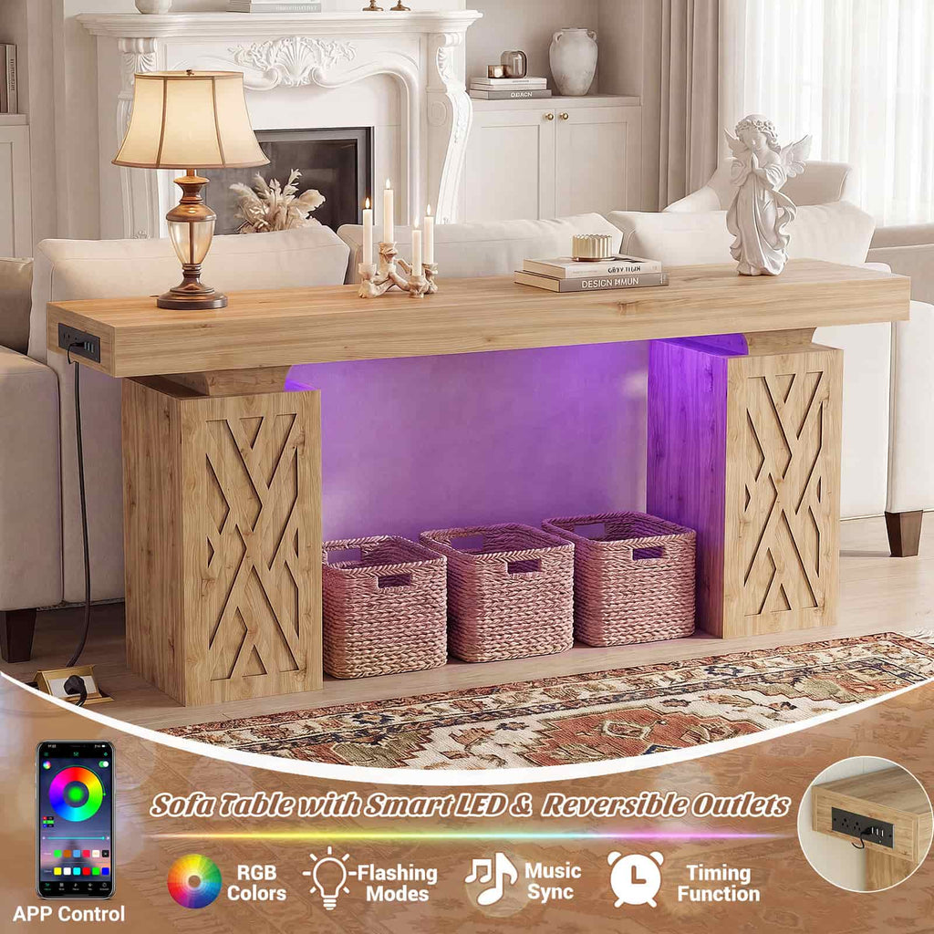 63'' Farmhouse Console Table with Charging Station and LED Lights