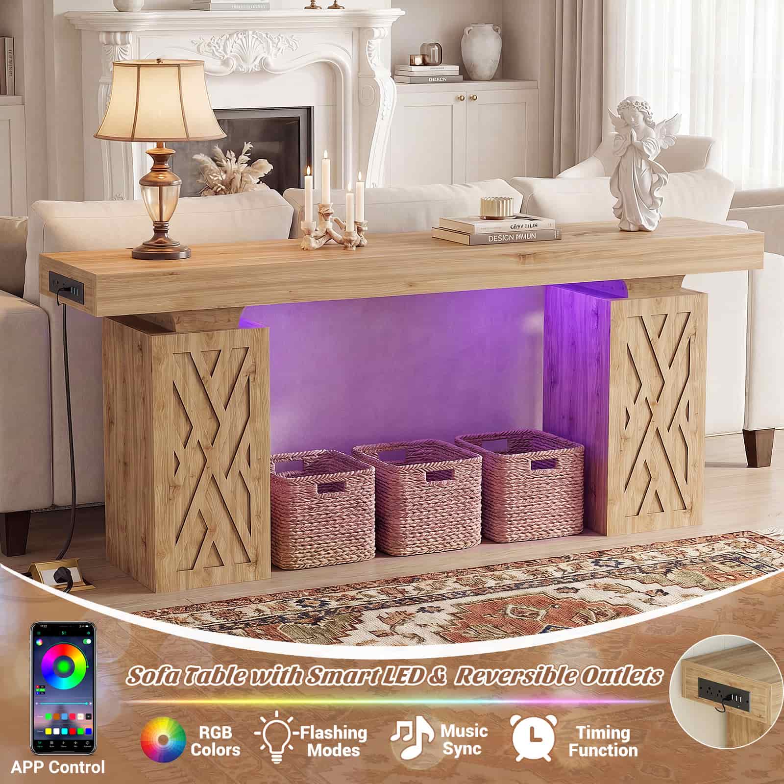 63'' Farmhouse Console Table with Charging Station and LED Lights