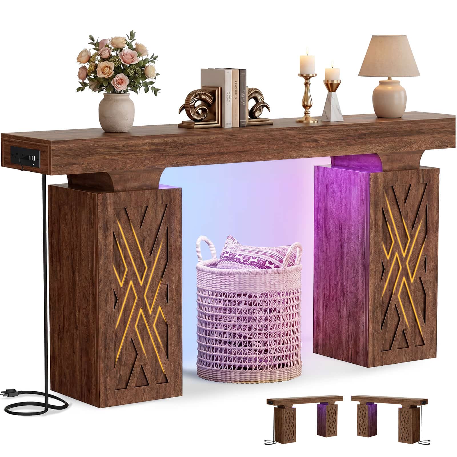 63'' Farmhouse Console Table with Charging Station and LED Lights