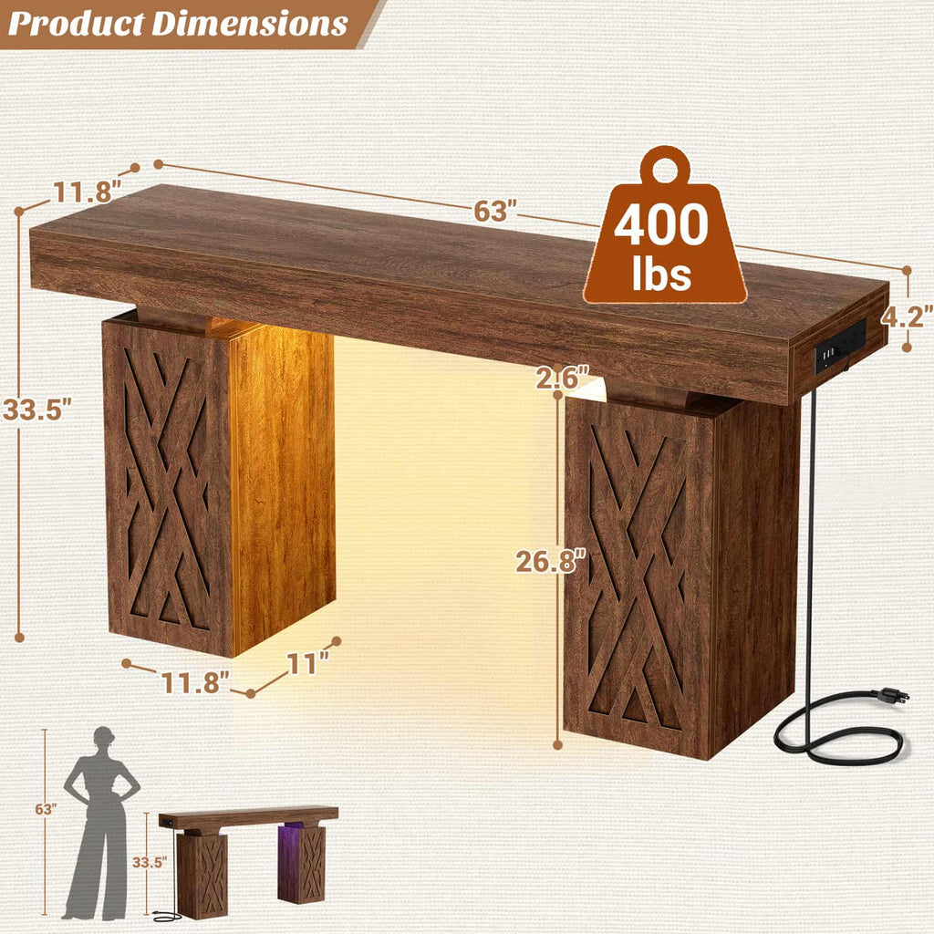 63'' Farmhouse Console Table with Charging Station and LED Lights