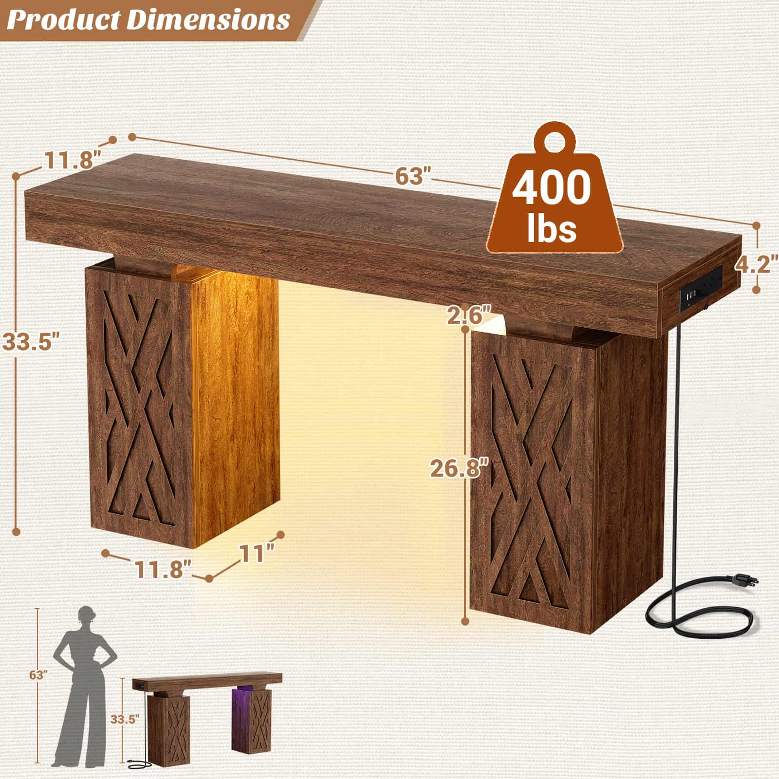 63'' Farmhouse Console Table with Charging Station and LED Lights
