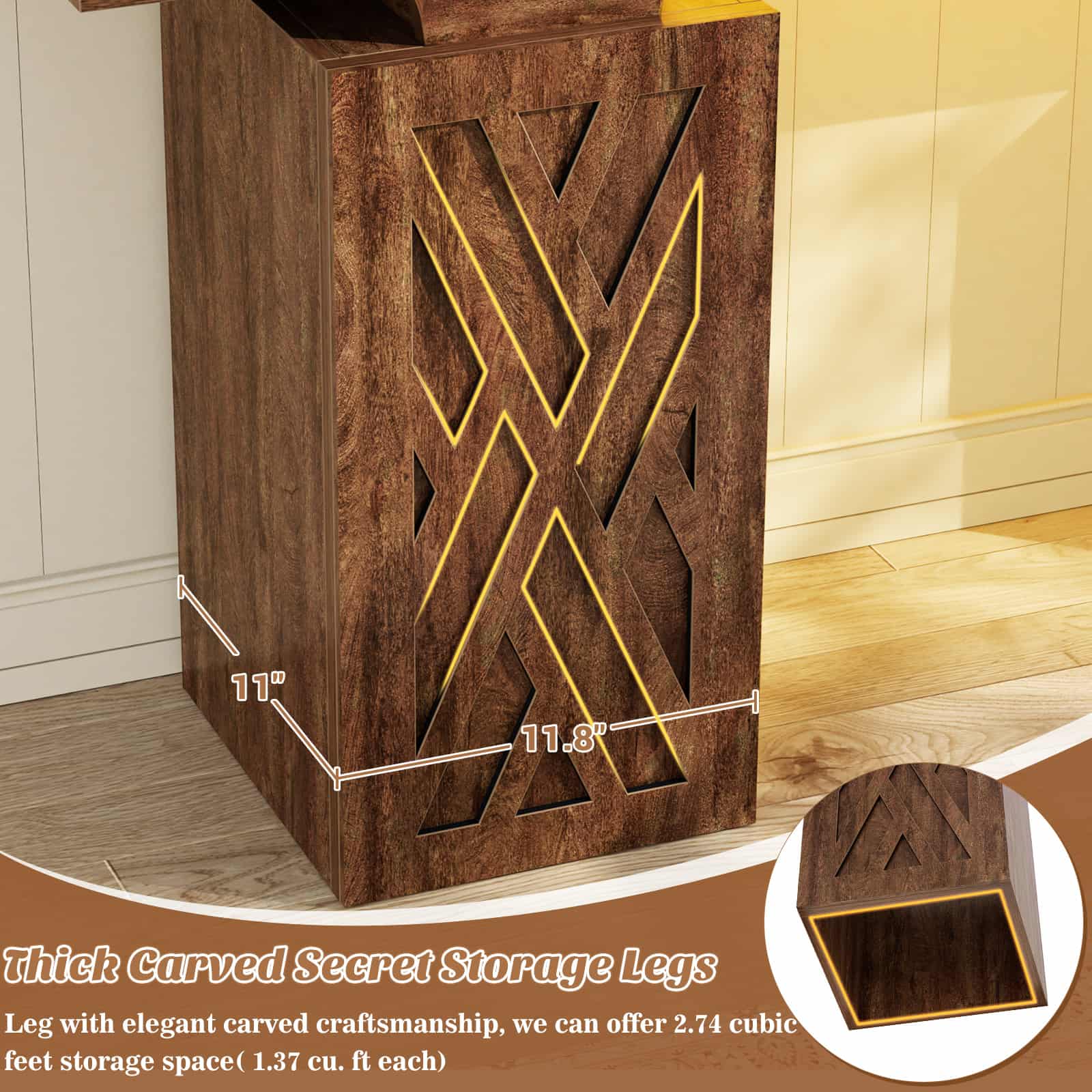 63'' Farmhouse Console Table with Charging Station and LED Lights