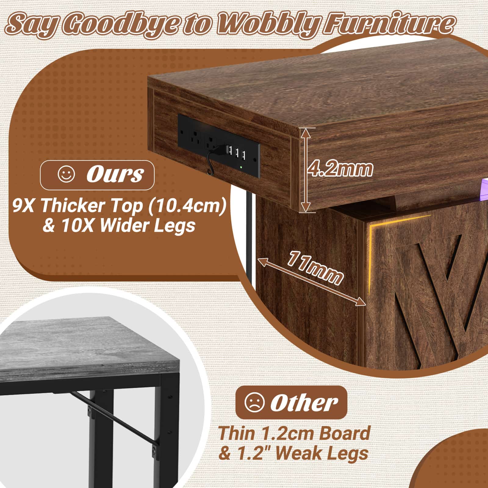 63'' Farmhouse Console Table with Charging Station and LED Lights