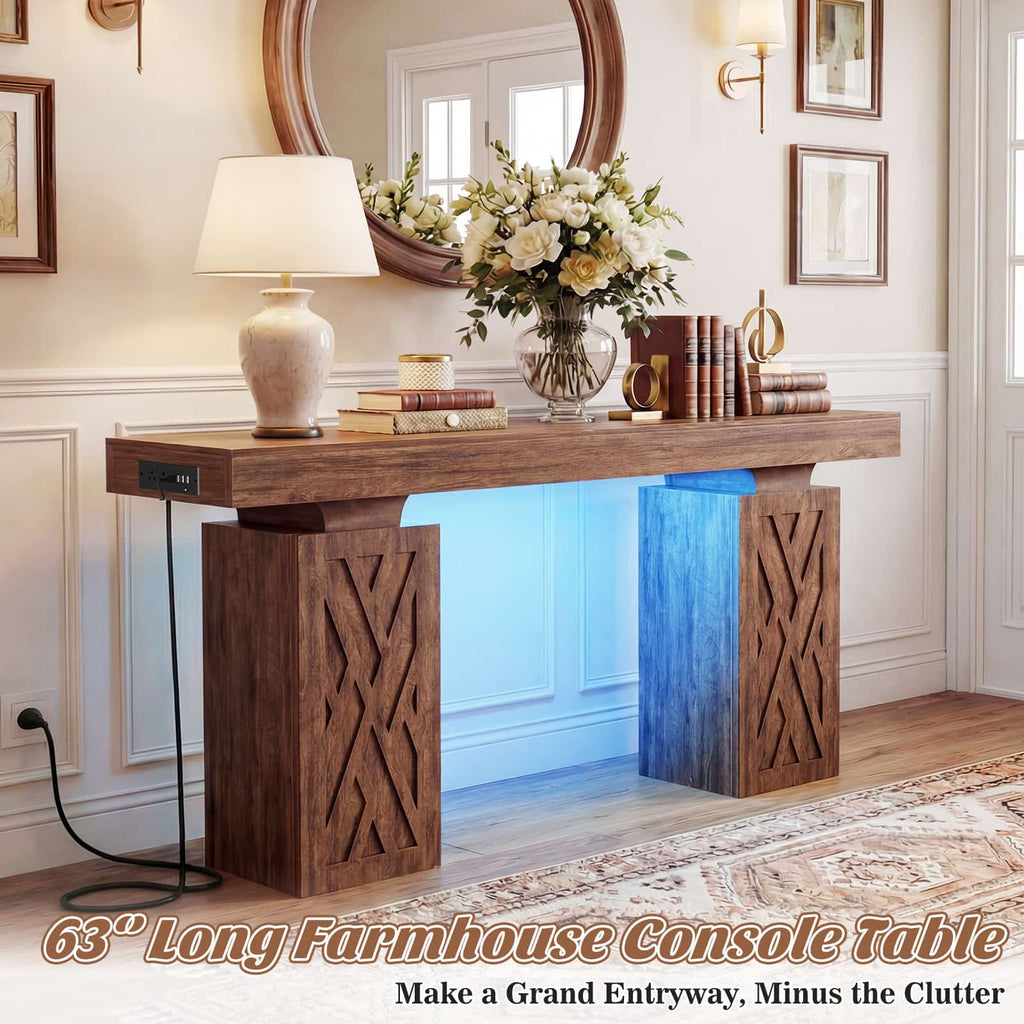 63'' Farmhouse Console Table with Charging Station and LED Lights