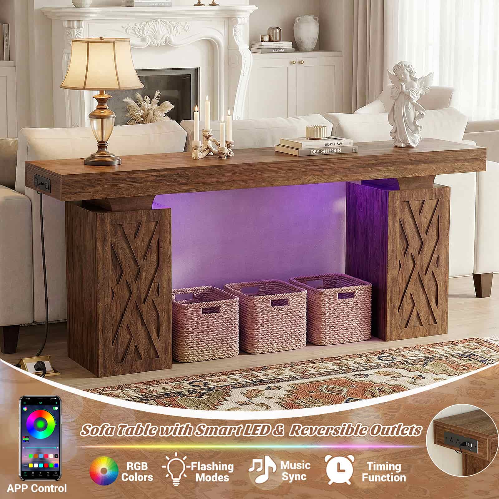 63'' Farmhouse Console Table with Charging Station and LED Lights