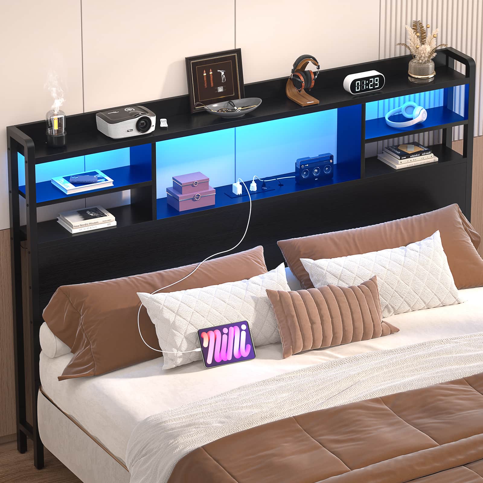 Full Size Headboard with Bookcase Storage, LED Light and Power Outlets
