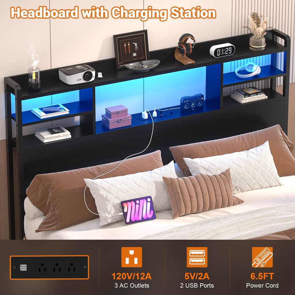 Full Size Headboard with Bookcase Storage, LED Light and Power Outlets