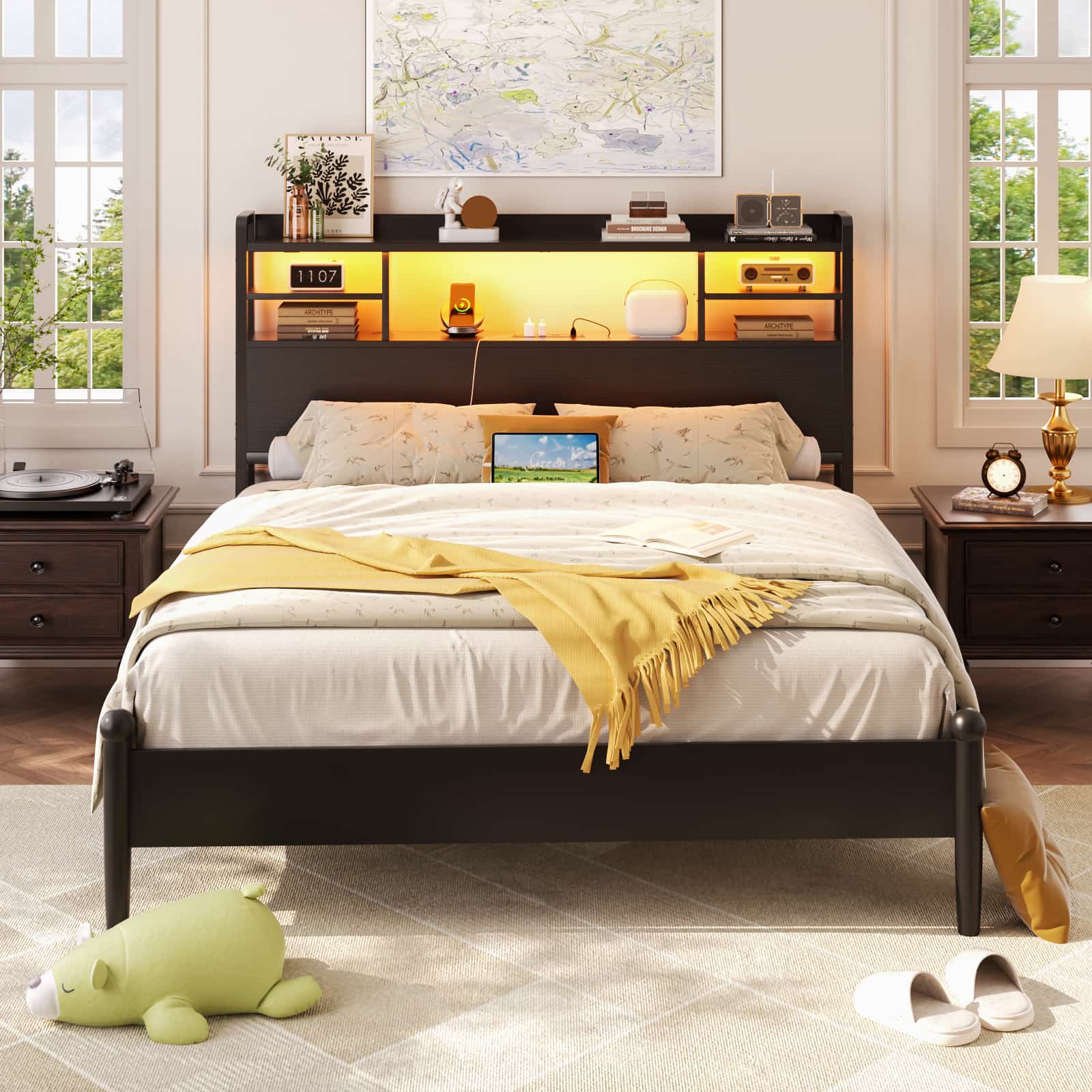 Full Size Headboard with Bookcase Storage, LED Light and Power Outlets