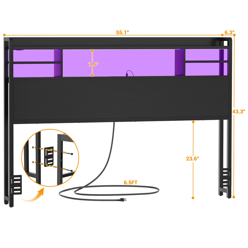Full Size Headboard with Bookcase Storage, LED Light and Power Outlets