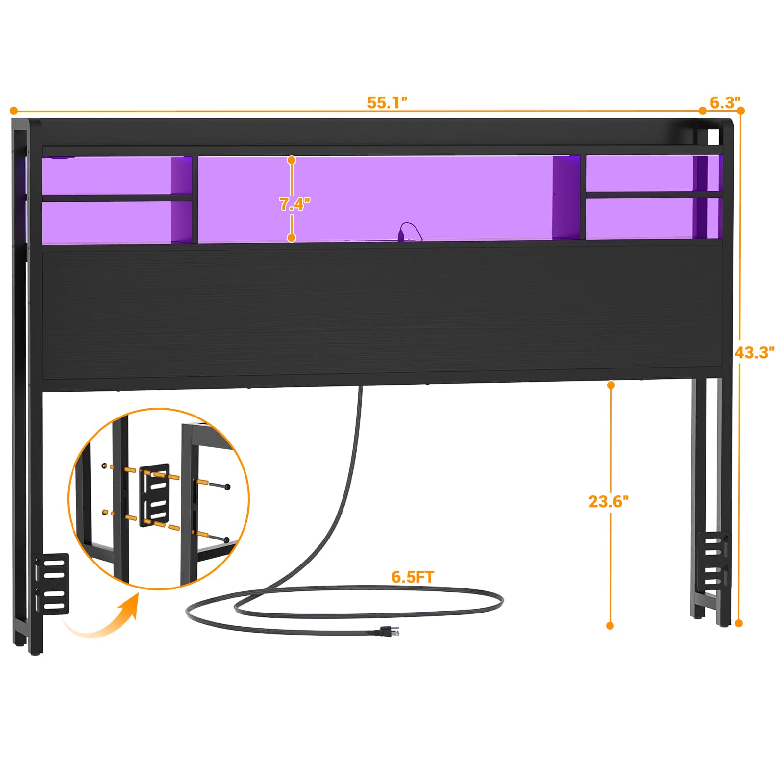 Full Size Headboard with Bookcase Storage, LED Light and Power Outlets