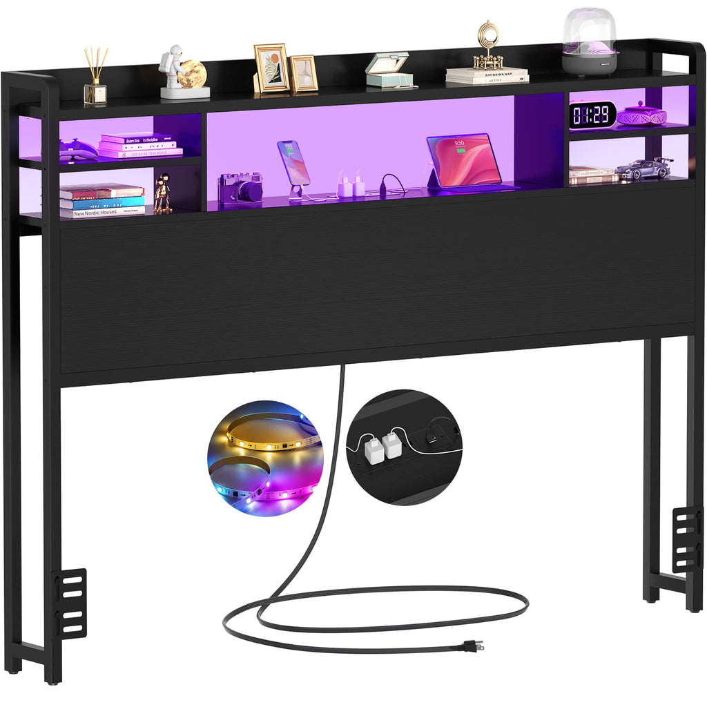 Full Size Headboard with Bookcase Storage, LED Light and Power Outlets
